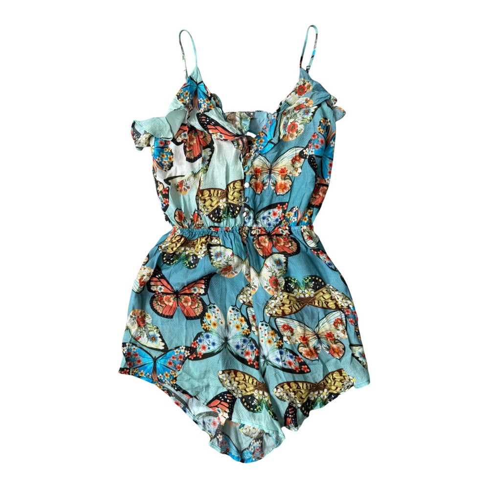 FARM Rio Butterfly Floral Ruffle Open Back Romper Blue Small - Picture 6 of 8